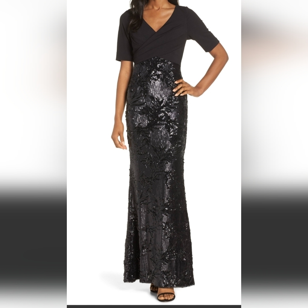 Black Sequin Wrap Bodice Evening Gown